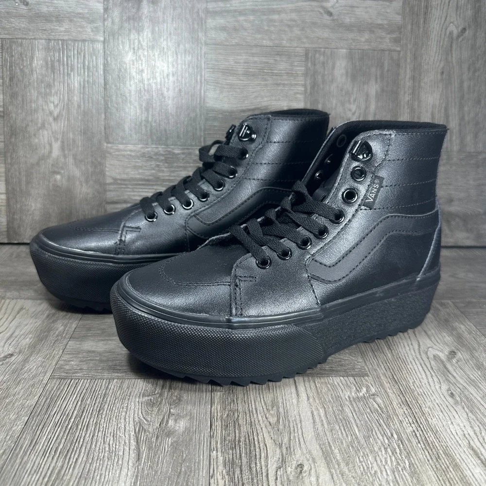 Vans Sk8-Hi Stacked Womens 6 Black Leather Platform High Top Sneakers NEW